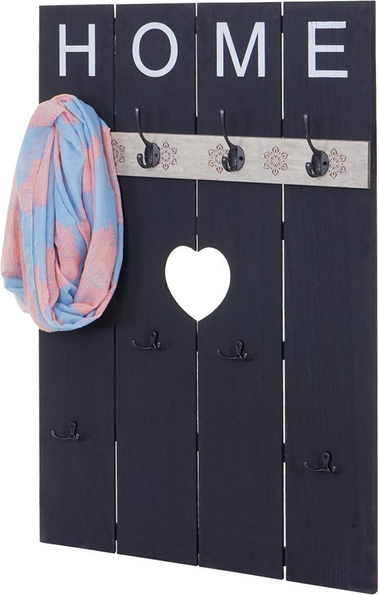 Cosmo Casa Muurkapstok - Home - Kapstokpaneel - Vintage shabby look - 8 haken 91x60 cm - Donkergrijs - Shabby