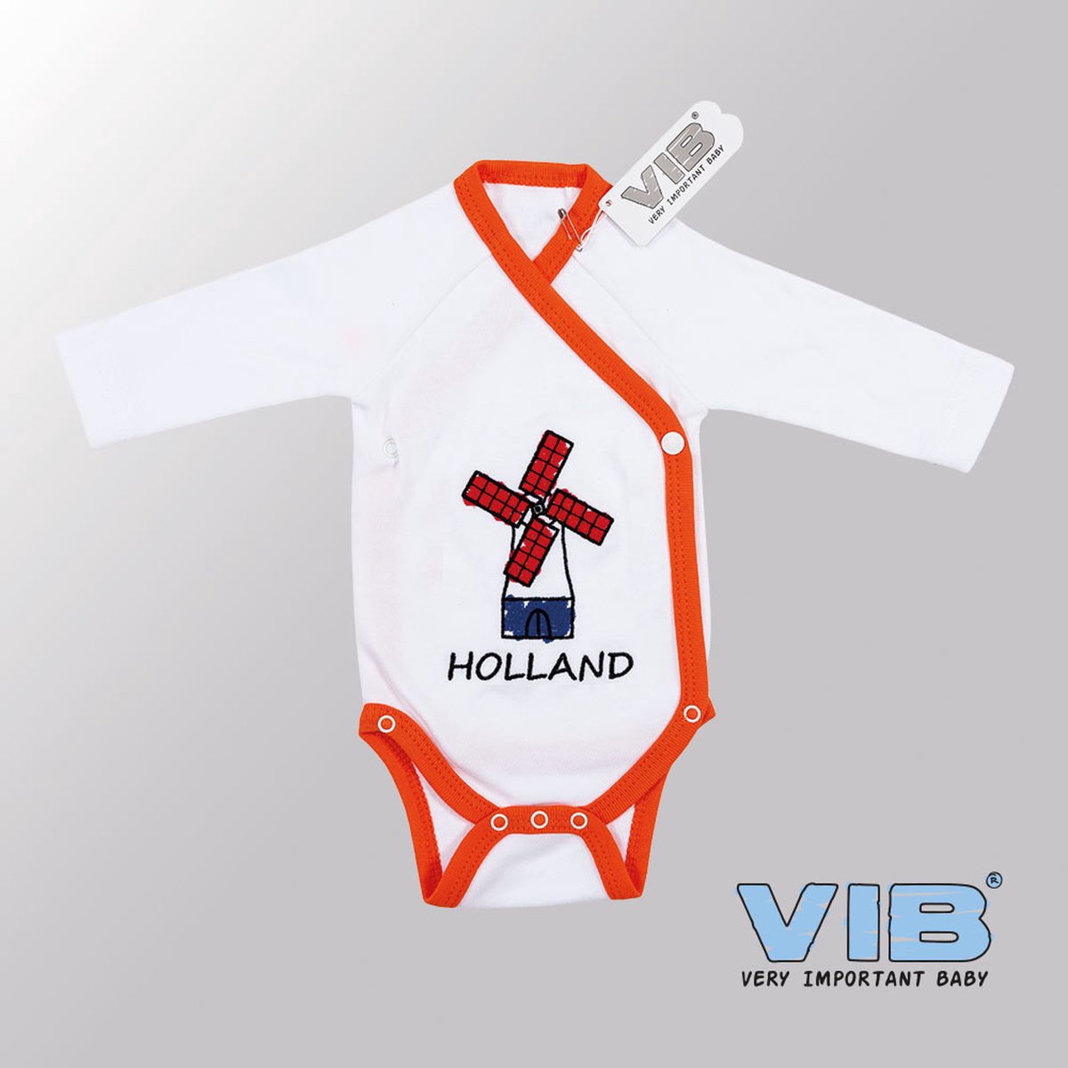 VIB® - Rompertje (overslag) Luxe Katoen - HOLLAND Met Molen (Wit-Oranje) - WK voetbal 2026 - WK voetbal versiering - Olympische spelen - Babykleertjes - romper - rompertjes - rompertjes met tekst - baby cadeau - baby aankondiging - overslagromper
