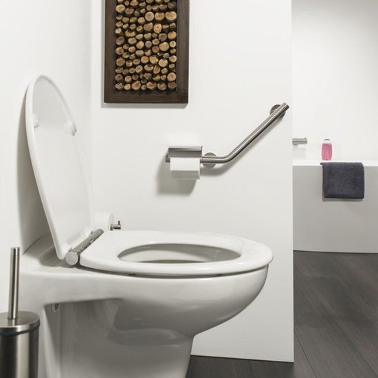 Badkamer met toiletrolhouder met klep en handgreep aan de rechterkant naast het toilet.