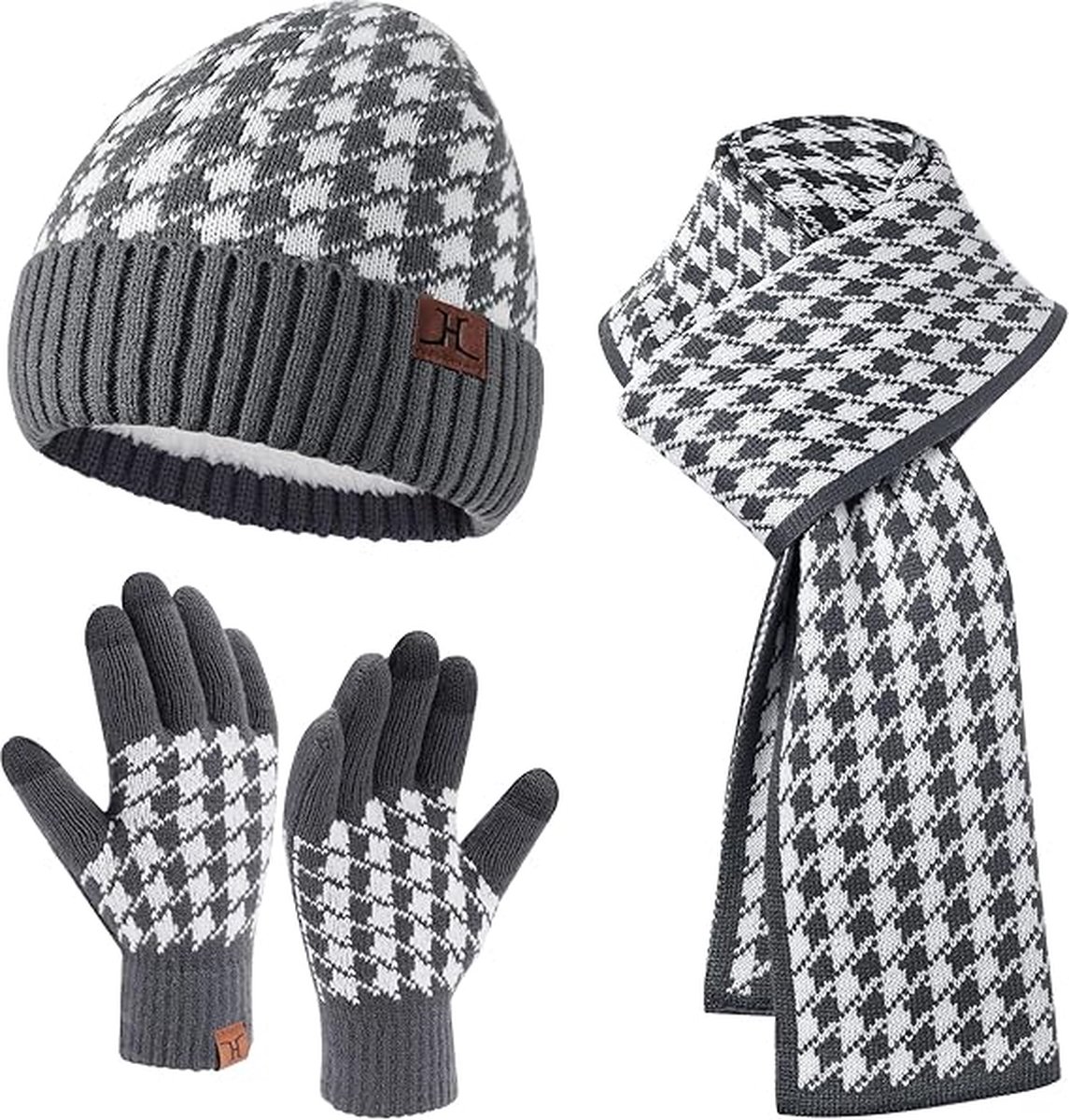 Warme winterset geruit - Grijs - Beanie, lange sjaal, touchscreen handschoenen - Fleece gevoerde muts volwassenen - Black Friday 2023 - Kerstcadeau