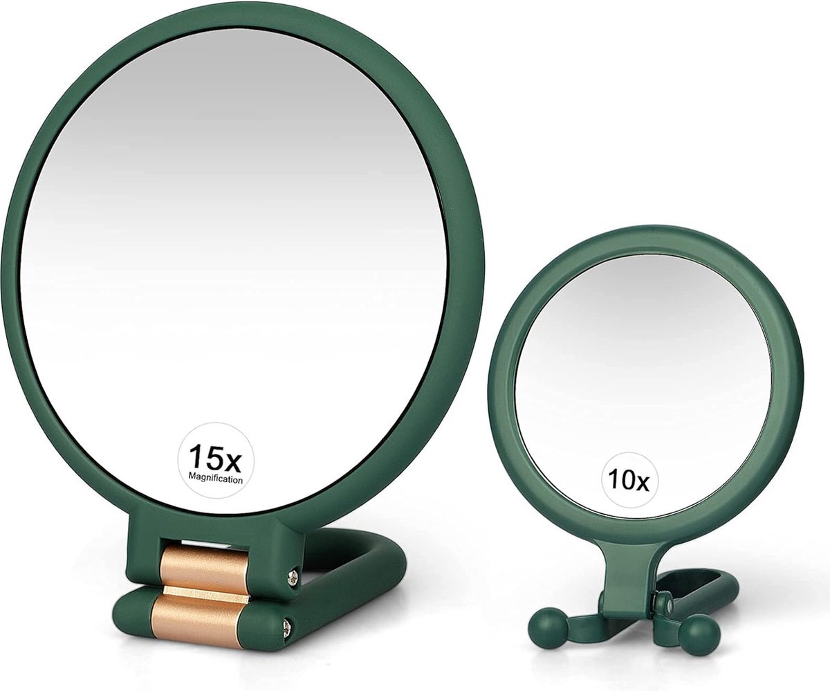 Goedkoopste Pakket van 2 Vergrotende Spiegels met 15/10/1 Compartimenten, Dubbelzijdige Make-up Spiegel met Vouwbare Handgreep, Draagbare Ronde Cosmetische Spiegel, Handspiegel, Diameter 13 cm, voor Scheren, Gezichtsverzorging, Thuis