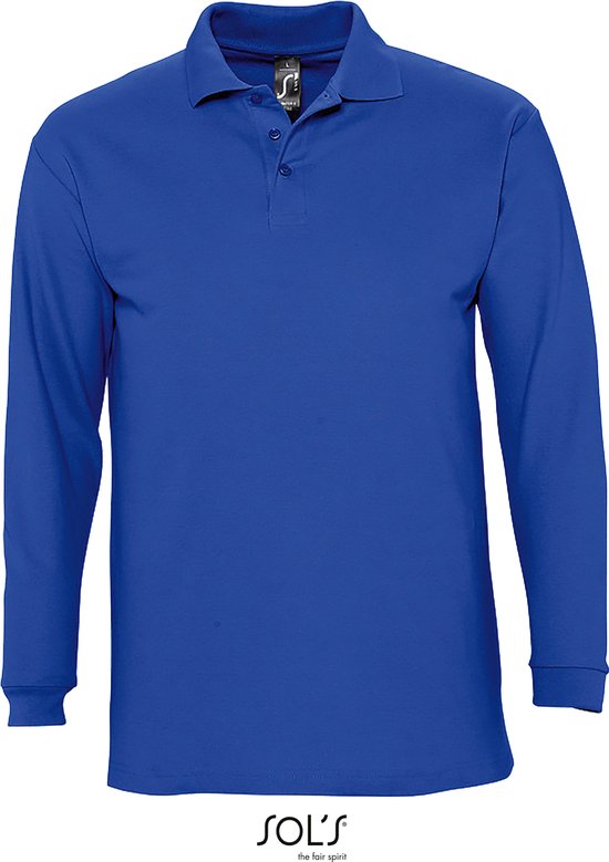 Polo bleu royal à manches longues en coton piqué, avec un col et une patte de boutonnage. Logo SOL'S sur la poitrine.