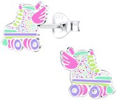 Joy|S - Zilveren rolschaats oorbellen - rollerskates oorknoppen - multicolor met glitter wit