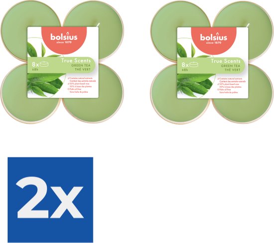 Bolsius - Maxilichten clear cup True Scents Green Tea 8u - Voordeelverpakking 2 stuks