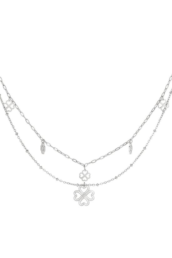 necklace - dubbele ketting met klavers - kleur zilver - stainless steel - nikkelfree - kerst - kado - cadeau - moeder - dochter - collier