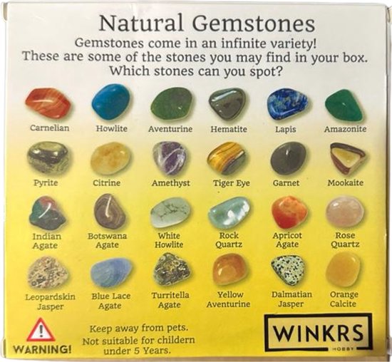 Folder met afbeeldingen van natuurstenen zoals Carneool, Howliet, Aventurijn, Lapis en Amazoniet.