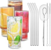 Cocktail Glasses Set, Ribbed Glasses, Iced Coffee Glasses with Straw, Drinking Glasses in Tin Shape, Long Drink Glasses Set, Riffle Glasses, Glass Cups for Cocktails, Whisky, Beer, Iced Coffee, Soda,