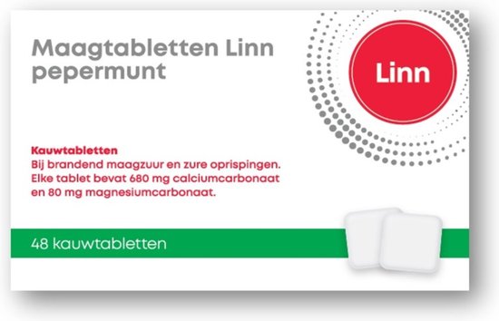 Linn Maagtabletten, 48 kauwtabletten – maagzuurremmer – bij brandend maagzuur en zure oprispingen – neutraliseert maagzuur
