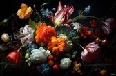 JJ-Art (Toile) 150x100 | Fleurs - colorées - couleurs vives - art - vintage - salon chambre | Tulipe, bouquet, nature morte, rouge, orange, violet, bleu, vert, moderne | Tirage photo-painting (décoration murale)