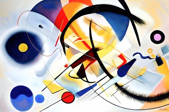JJ-Art (Canvas) 120x80 | Abstract in Kandinsky stijl – kleurrijk - felle kleuren - kunst – woonkamer slaapkamer | rood, geel, blauw, oranje, modern | Foto-Schilderij print (wanddecoratie)