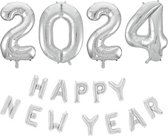 Folieballonnen Happy New Year (41cm) en 2024 (66cm) Zilver