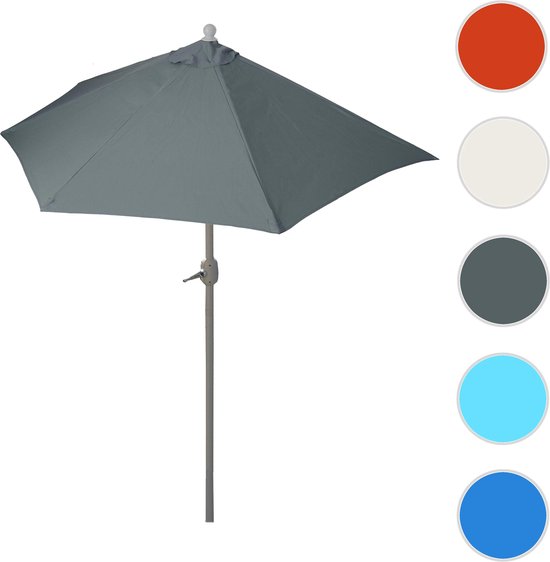 Antraciet parasol met witte stok, naast kleurstalen.