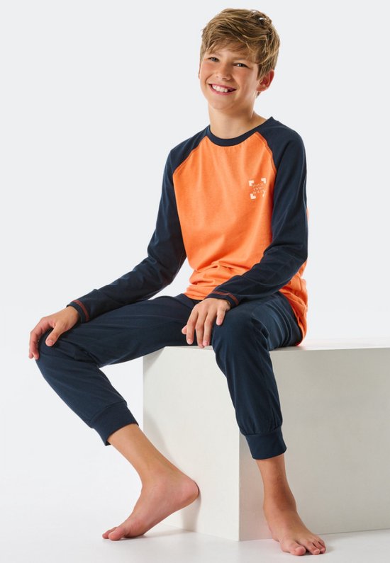 Schiesser - Pyjama lang tieners - Oranje en donkerblauw - maat 140