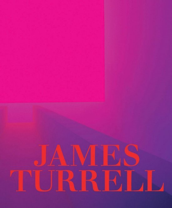 Un carré rose vif au-dessus du texte "JAMES TURRELL" sur un fond violet.