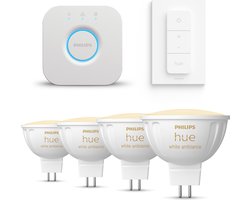 Philips Hue Starterspakket - GU5.3 - met 4 Spotjes (MR16) - 12V - Warm tot Koelwit Licht - Incl. 1 Hue Bridge, 1 Hue Dimmer Switch - Hue White Ambiance