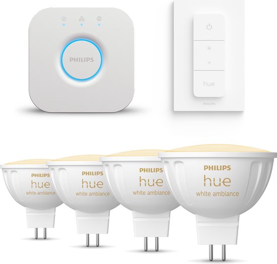 Philips Hue Starterspakket White Ambiance GU5.3 - 4 Hue Lampen, Dimmer Switch en Bridge - Eenvoudige Installatie - Werkt met Alexa en Google Home