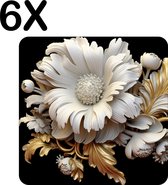 BWK Stevige Placemat - Wit - Goud - Bloem - Artistiek - Set van 6 Placemats - 50x50 cm - 1 mm dik Polystyreen - Afneembaar