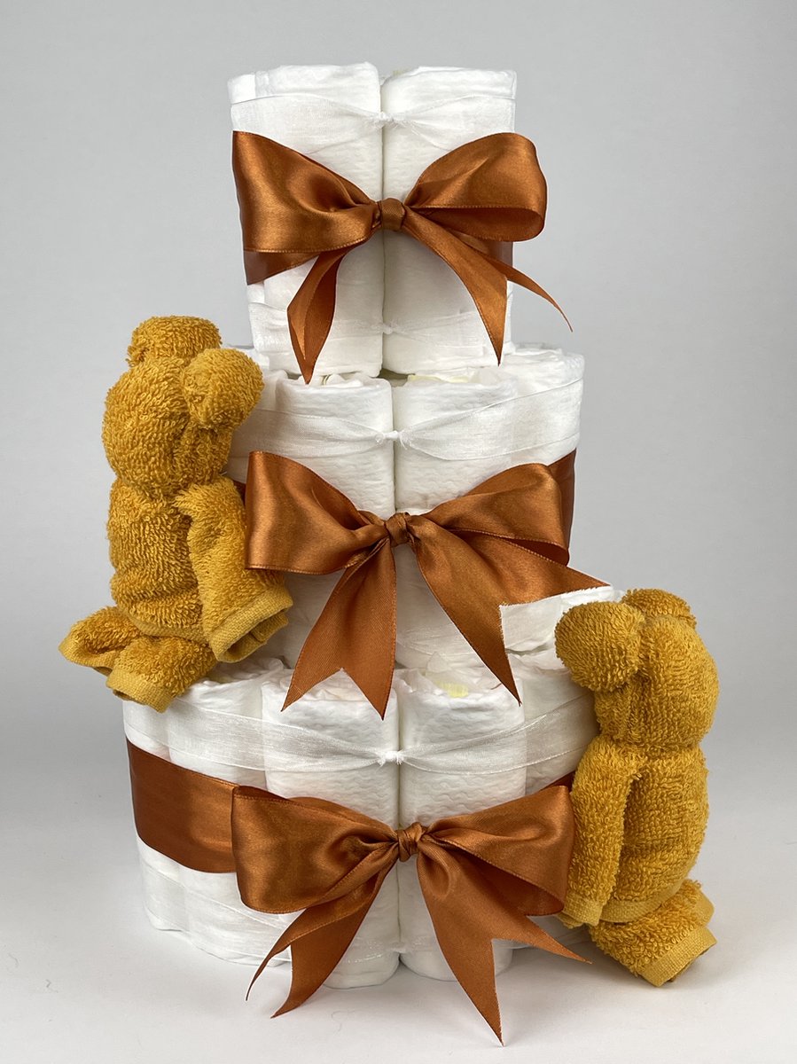 Goedkoopste Chouette-Chouette | Luiertaart Neutraal | Kraamcadeau | Geboorte Jongen Meisje | Babyshower | Beren Oker - Koper