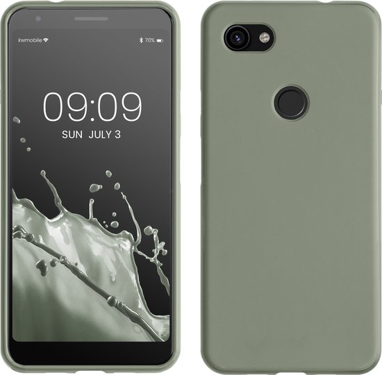 Voor- en achterkant van een grijsgroen telefoonhoesje om een telefoon met een splash-effect op het scherm.