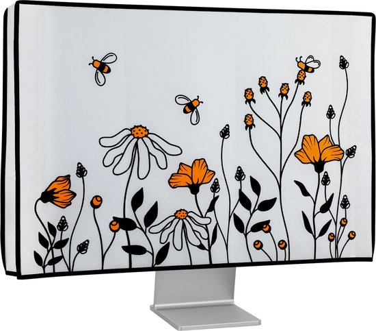 Kwmobile Housse Écran Ordinateur 20-22 Pouces - Protection PC Anti-Poussière Avec Motif Fleurs Et Abeilles - Noir Orange Blanc