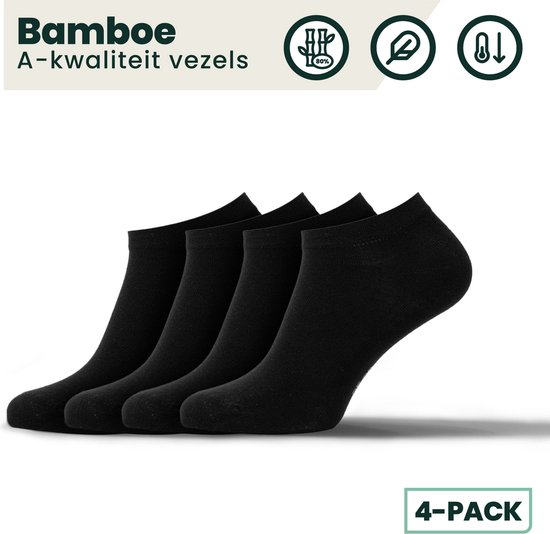 Bamboe Sneakersokken | Bamboe Enkelsokken | Bamboe Sokken | Anti-zweet Sokken | Naadloze Sokken | 4 Paar - Zwart | Maat: 35-38 | Merk: Bamboosa