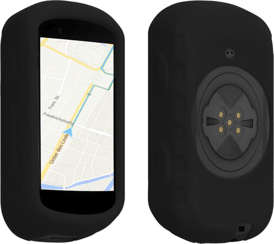 Zwarte siliconen hoesjes voor fietscomputer, één toont scherm met kaart, andere de achterkant met aansluiting.