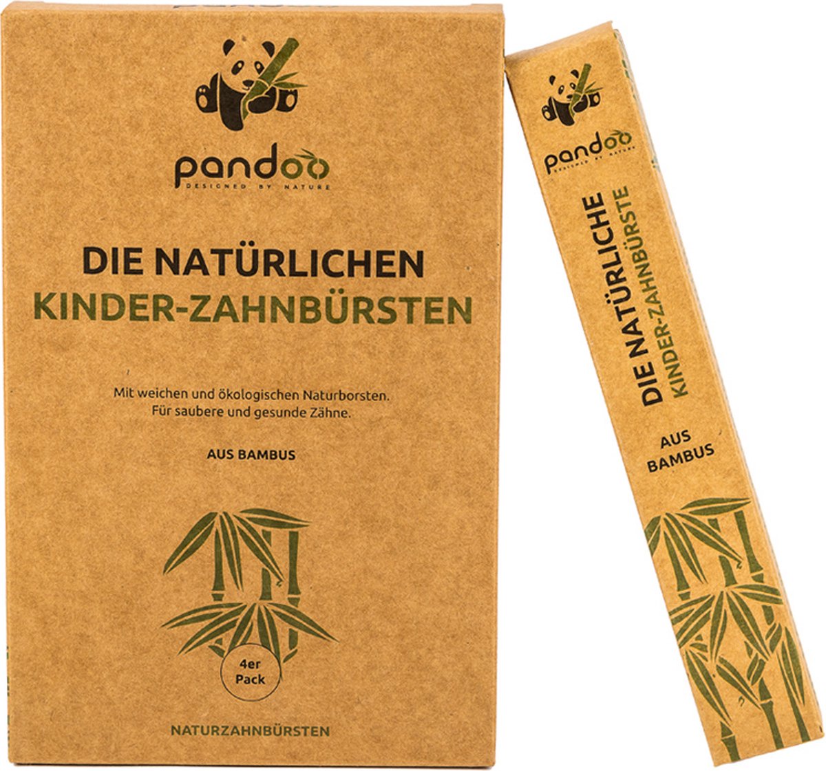 Pandoo Kindertandenborstel Set - 4 stuks - Bamboe - Goede Mondhygiëne - Milieuvriendelijk - BPA-vrij