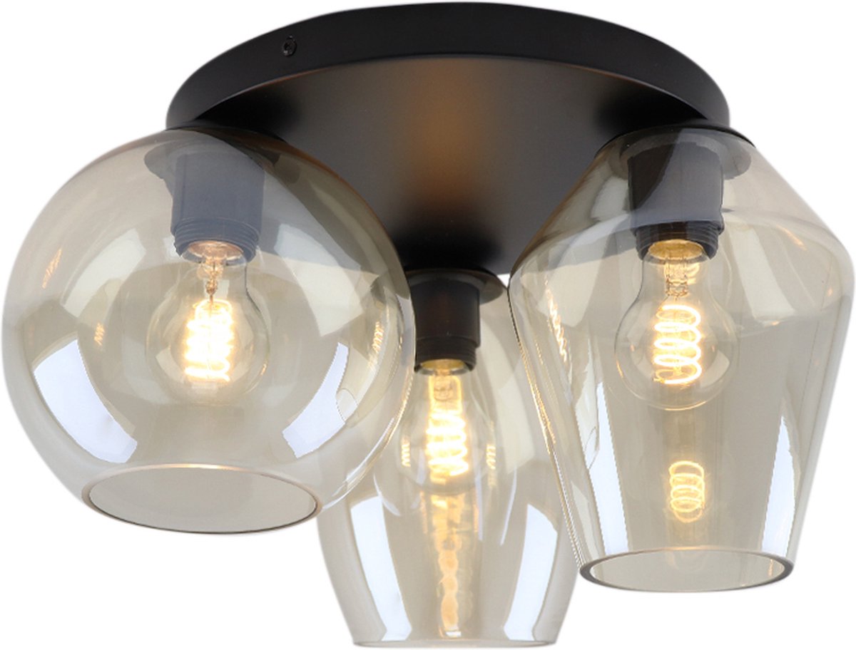 Olucia - LAZARO - Plafondlamp - Amber / Zwart - Vorm: Rond