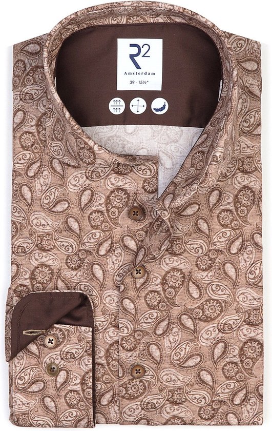 R2 Amsterdam - Chemise Stretch Paisley Beige - Homme - Taille 42 - Coupe moderne