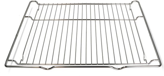Een rechthoekig ovenrooster van glanzend metaal met dunne, parallelle spijlen en een dubbele metalen rand aan de voor- en achterkant.