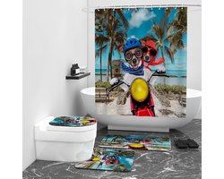 foto van Floraweg Douchegordijn,Shower Curtain,badgordijn,badkamergordijn,Coole kat of honden rijden op motorfiets， digitale printen -Anti Schimmel - Inclusief 12 ringen -met 12 stuks douchegordijnhaken – Waterdicht -Wasbaar- Polyester - 180x200 cm
