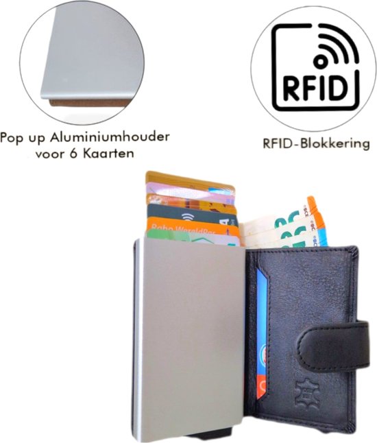 Avoir zwart leer uitschuifbaar Pasjeshouder mannen-Pasjeshouder vrouwen-Creditcardhouder met Aluminium card protector- Muntvak-RFID-Portemonnee heren/ dames-10 pasjes-cadeau voor man-gadgets mannen-cadeautje voor hem & haar-valentijn cadeautje - Avoir