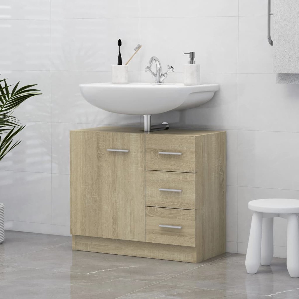 vidaXL Wastafelkast 63x30x54 cm bewerkt hout grijs sonoma eikenkleurig, gootsteenkast, opbergkast, badkast, badkamerkast, kast, wastafeleenheid