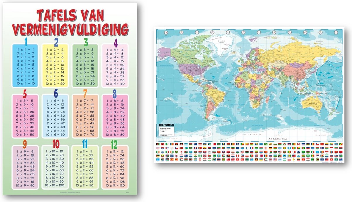 Posterpoint Wereldkaart en Tafels van vermenigvuldiging poster - Set van twee posters - Educatief - Formaat 50 x 70 cm multi