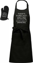 Luxe BBQ- en keukenschort - tesktschort - Today's forecast - 76 x 90 cm - verstelbaar en voorvak - met barbecue handschoen - one size - zwart