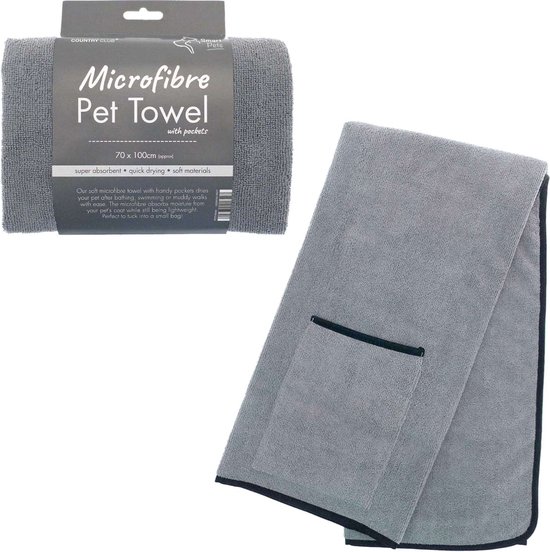 Microvezel Pet Towel sterk absorberende honden handdoek grijs met zakken 70x100 cm