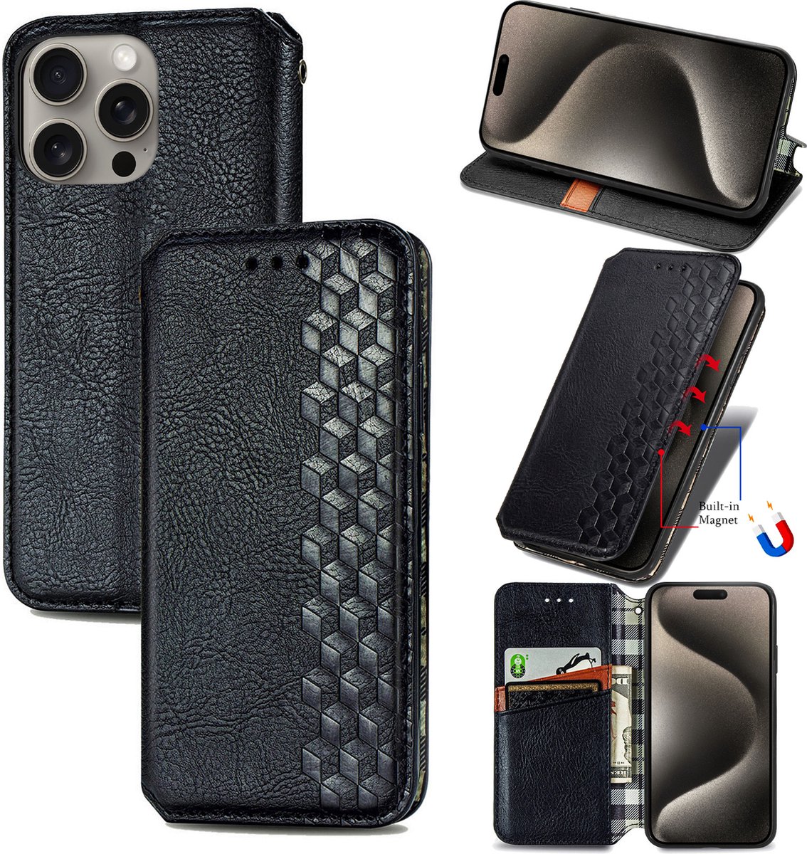 Luxe PU Lederen Ruitpatroon Wallet Case + PMMA Screenprotector voor iPhone 15 Pro _ Zwart