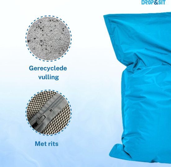 Turquoise zitzak met gerecyclede vulling en rits.
