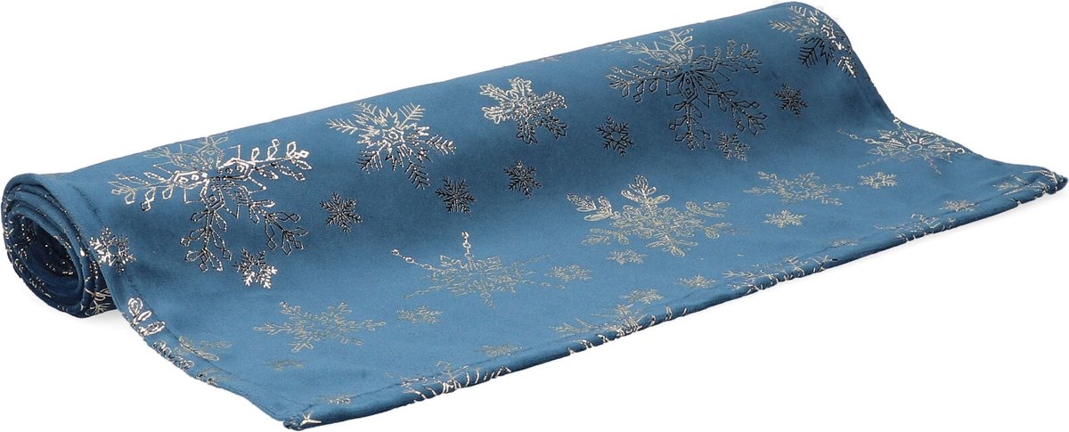 HOMLA Tanesi Kerstloper Tafelkleed - Marineblauw met Gouden Sneeuwvlokprint - Polyester 40 x 160 cm
