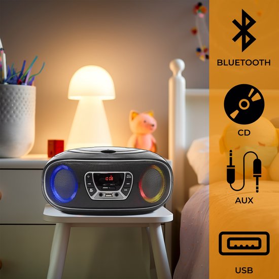 Denver Draagbare Radio CD Speler Kinderen - Bluetooth - Lichteffecten - Boombox - AUX - FM - TCL212BT - Grijs
