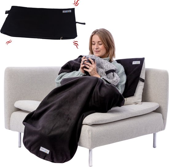 Belieff Cozy Deken (XL) – 180 x 85 CM - Fleece Plaid + Heating Systeem - 3 Standen - Tot 50 Graden - Warmte Deken Elektrisch Voor Op De Bank - Warmtedeken Draadloos - Warmtedeken Oplaadbaar - Zwart