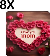 BWK Luxe Placemat - Rozen Hart met I Love Mom - Set van 8 Placemats - 40x40 cm - 2 mm dik Vinyl - Anti Slip - Afneembaar