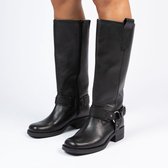 Manfield - Dames - Zwarte leren hoge laarzen met zilverkleurige details - Maat 40