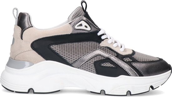 Manfield - Dames - Zilverkleurige leren sneakers met mesh details - Maat 40