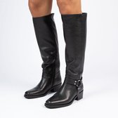 Manfield - Dames - Zwarte leren hoge laarzen met zilverkleurige details - Maat 37