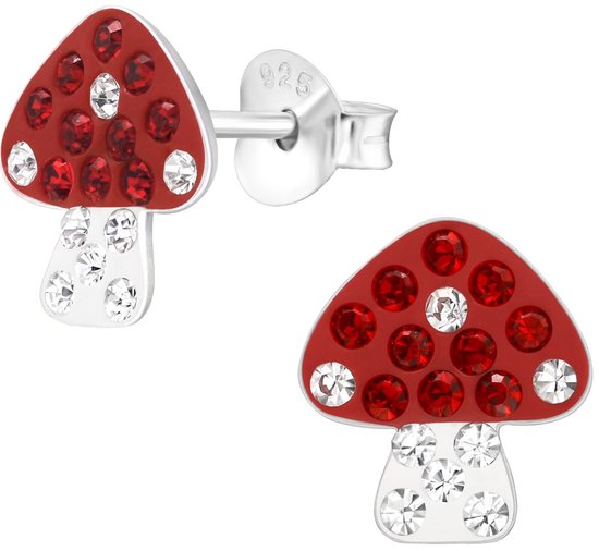 Joy|S - Zilveren paddenstoel oorbellen - 8.5 x 9.5 mm - rood zilver met kristalletjes - kinderoorbellen