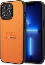 U.S.Polo Assn. USPA PU Leather Case With Tricolor Stitches & Initials For iPhone 14 Pro Max - Orange