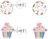 Joy|S - Zilveren cupcake en donut oorbellen - set 2 paar - oorknoppen - kinderoorbellen