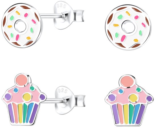 Joy|S - Zilveren cupcake en donut oorbellen - set 2 paar - oorknoppen - kinderoorbellen