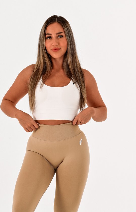Dames sportlegging high waist - squatproof & stretchy met subtiele scrunch - geschikt voor fitness en yoga - DM Training Essentials Legging (beige) — afbeelding 3